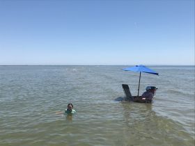 A child enjoys swimming in shallow waters while an adult relaxes under a blue umbrella — a perfect day for family fun at the beach.