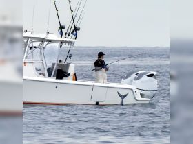 An angler stands on the deck of a fishing boat, casting a line into the open water — a perfect scene for fishing enthusiasts seeking adventure on the sea.