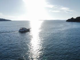 A sleek speedboat navigates through shimmering waters, showcasing the beauty of a sunny day on the water.