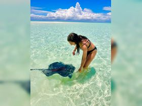 A woman interacts with a stingray in shallow, clear waters, showcasing a unique wildlife experience in a tropical paradise.
