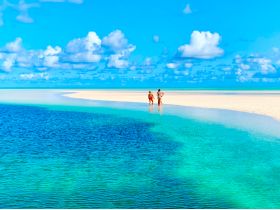 Two individuals enjoy a picturesque sandbar, surrounded by stunning turquoise waters and a clear blue sky — a perfect tropical getaway.