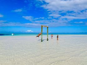 A fun day at the beach with friends enjoying swings in shallow water, capturing the essence of relaxation and adventure in a tropical paradise.