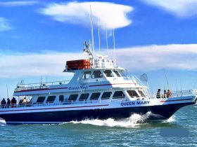 The Queen Mary boat cruises through the waves, with guests enjoying the ride — a perfect setting for fishing trips or scenic tours.