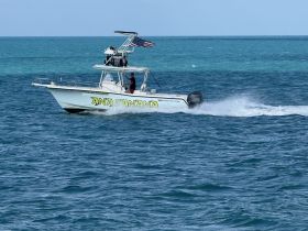 A speedboat named 'Ana Banana' navigates through vibrant turquoise waters, showcasing the thrill of boating adventures on the open sea.