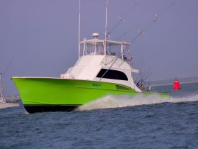A vibrant green fishing boat cruises through the water, showcasing its sleek design and fishing gear — perfect for adventurous outings on the sea.