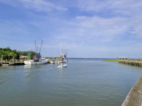 A scenic view of a waterway with various boats docked and a small boat cruising by, capturing the essence of a vibrant marina atmosphere.