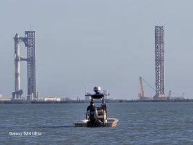 A boat navigates through the water near a rocket launch pad, showcasing a unique blend of maritime and aerospace scenery.