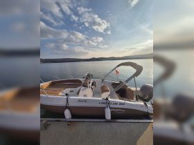 A sleek speedboat named 'Speedy' docked at the water's edge, showcasing its stylish design and perfect for leisurely outings on the water.