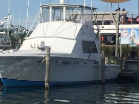 A well-maintained boat docked at the marina, showcasing its sleek design and structure against a clear sky.