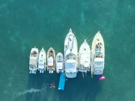 Aerial view of multiple boats anchored together, with guests enjoying snorkeling in the clear waters — a perfect scene for a fun day on the water.