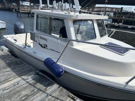 A close-up view of the '220 Admiral' boat docked at the marina, showcasing its sleek design and features.