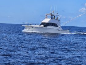 A sleek yacht cruises through open waters, showcasing its fishing capabilities with rods ready for action.