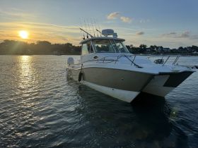 A stunning view of a catamaran docked at sunset, showcasing its sleek design against the shimmering water — perfect for evening cruises.