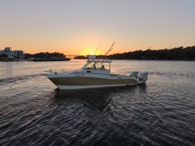 A sleek speedboat glides through the water at sunset, showcasing its elegant design against a picturesque backdrop of the setting sun and tranquil waters.