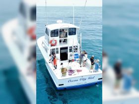 A lively group enjoys a fishing trip aboard the 'Ocean City Girl,' casting lines into the clear ocean waters — perfect for a day of adventure on the sea.