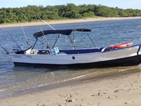 A small fishing boat named 'Pichel' is docked on the shore, showcasing its simple design and fishing gear, perfect for a day on the water.