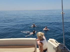 A group of friends enjoys a refreshing swim in calm waters, creating unforgettable memories on their boating adventure.