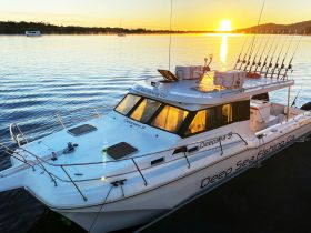A stunning view of the 'Deepsea 3' fishing boat at sunset, showcasing its sleek design and fishing gear, perfect for deep-sea adventures.