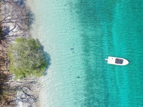 An aerial view captures a serene scene with a boat anchored in crystal-clear waters, while swimmers enjoy the vibrant surroundings — perfect for a day of relaxation and adventure.