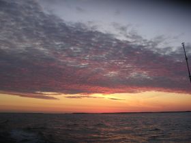A stunning sunset over the ocean, showcasing vibrant colors and tranquil waters — perfect for evening cruises and scenic views.