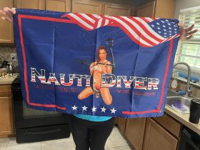 A vibrant flag for Nauti Diver Fishing Charters, showcasing a playful design, perfect for promoting fishing adventures in Daytona Beach.