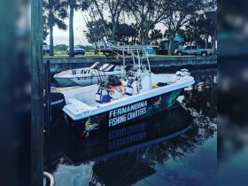 A well-equipped fishing charter boat named 'Fernandina Fishing Charters' docked in calm waters, showcasing its fishing gear and sleek design — perfect for a day out on the water.