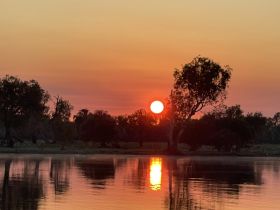 A stunning sunset reflects on calm waters, framed by trees — a picturesque moment perfect for nature lovers and serene boat trips.