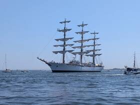 A majestic sailing ship navigates the waters, showcasing its impressive sails and structure, perfect for maritime enthusiasts and sailing events.