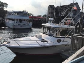 A clear view of the 'Caroline P' boat docked alongside the 'Capt. Lou VII' in a serene marina setting, showcasing the vessel's structure and design.