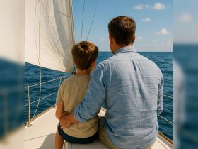 A father and son enjoy a serene sailing experience together, creating cherished memories on the open ocean.