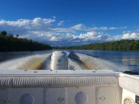 A dynamic view from the back of a speedboat cruising through calm waters, showcasing the powerful engine and scenic surroundings.
