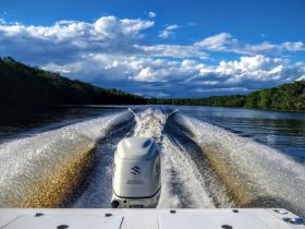 A powerful outboard motor propels a boat through calm waters, leaving a striking wake against a backdrop of lush greenery and dramatic clouds, perfect for exploring scenic waterways.