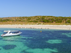 A group enjoys a day on the water aboard a boat, with a stunning beach and clear turquoise waters in the background — perfect for snorkeling and coastal adventures.