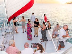 A vibrant group enjoys a sunset cruise aboard a catamaran, celebrating with cocktails and lively conversation against a stunning ocean backdrop.