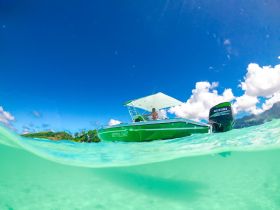 A person enjoys a sunny day on a vibrant green boat cruising through crystal-clear waters, showcasing the beauty of the tropical landscape.