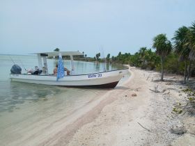 A boat is anchored on a serene beach, with guests relaxing on board, showcasing a perfect day of fishing and leisure in a tropical paradise.