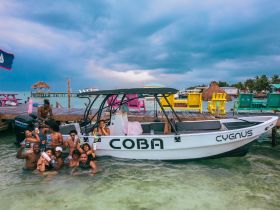 A lively group enjoys a fun day in the water next to their boat, celebrating with drinks and laughter — the perfect backdrop for unforgettable memories.