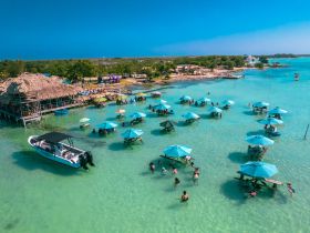 A vibrant scene of guests enjoying a sunny day at a beach with a boat anchored nearby, featuring swimming, dining under umbrellas, and a lively atmosphere perfect for family outings and group celebrations.