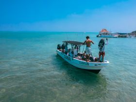 A lively group enjoys a day on the water aboard a boat, capturing fun moments in the sun — perfect for adventure seekers and water enthusiasts.