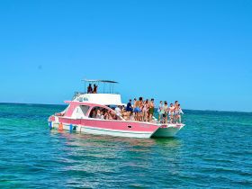 A lively group enjoys a day on a vibrant boat in the ocean, perfect for celebrations and fun on the water.