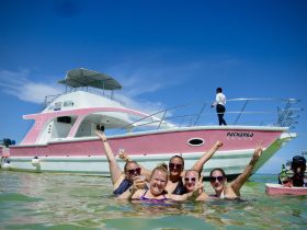 A lively group of friends enjoys a fun day in the water next to the pink boat 'Pachanga,' celebrating with drinks and laughter under the sun.