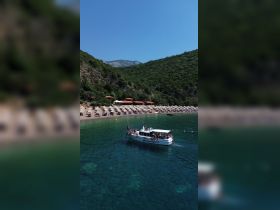 A lively group enjoys a boat trip in Montenegro, with beachgoers relaxing on the shore and swimming in the clear waters — a perfect summer getaway.