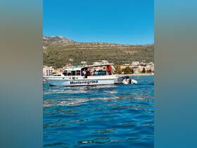 The Montenegrina boat is seen in action with guests onboard, showcasing a lively atmosphere on the water, perfect for adventure seekers.