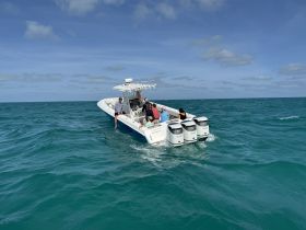 A group of people enjoy a day on the water aboard a powerful boat, showcasing the excitement of on-water activities in a beautiful setting.