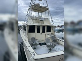 Interior view of a fishing boat's helm and seating area, showcasing the comfortable setup for a day on the water. Contact information for bookings is visible.