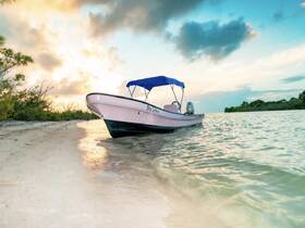 A picturesque view of a pink boat with a blue canopy anchored on the shore, set against a stunning sunset backdrop — perfect for serene boating adventures.