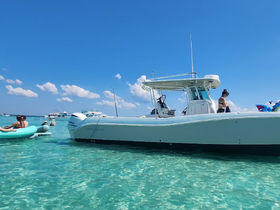 A lively scene featuring guests enjoying the clear waters while interacting with a boat nearby — perfect for summer fun and water activities.