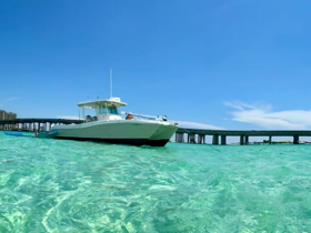 A boat navigates through crystal-clear waters, with guests enjoying the sunny day — a perfect scene for water adventures and exploration.