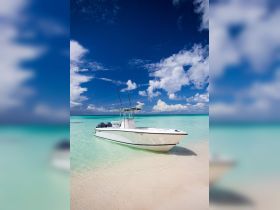 A pristine speedboat rests on the sandy shore, surrounded by crystal-clear turquoise waters and a vibrant blue sky, perfect for a day of adventure on the sea.