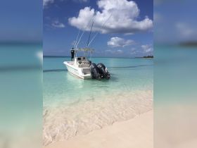 A speedboat is docked on a pristine beach with clear turquoise waters, showcasing a perfect day for fishing or leisure activities.